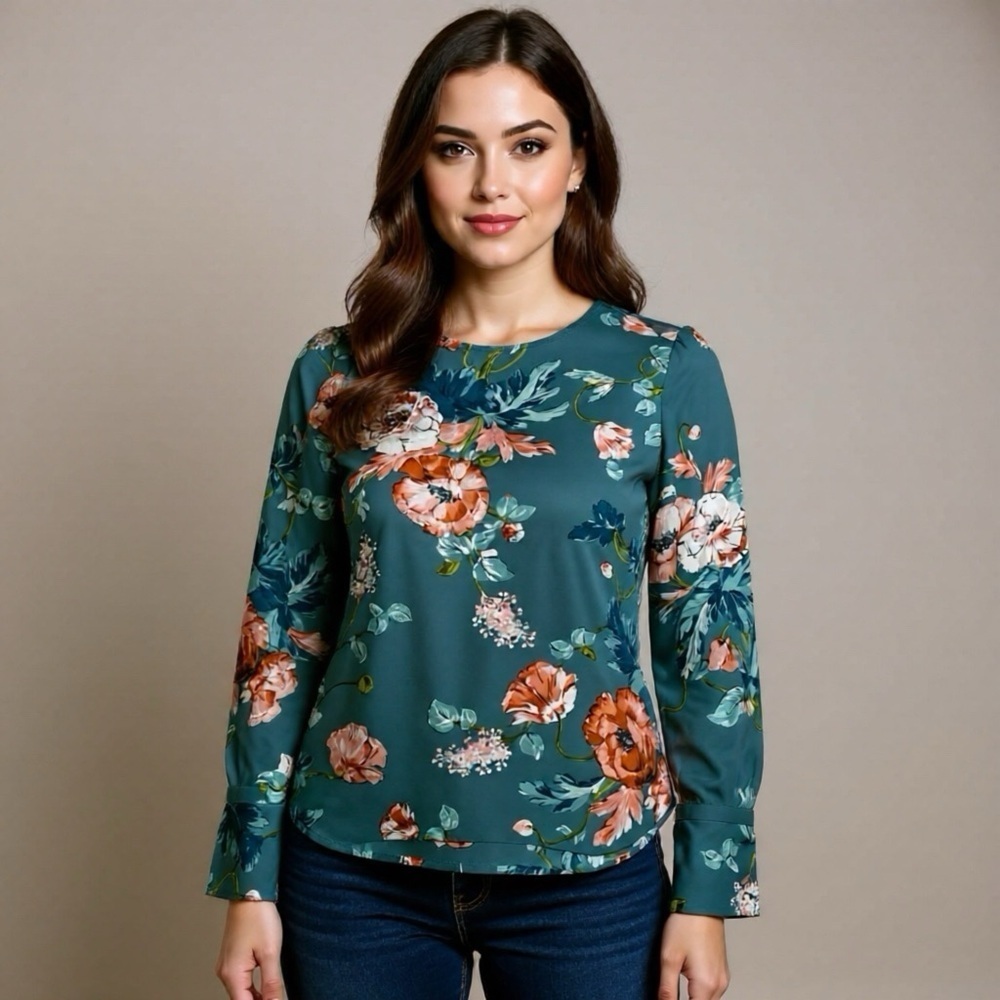 LOFT Floral Top Blouse Blue Green Long Sleeve Size XS Feminine Office Career